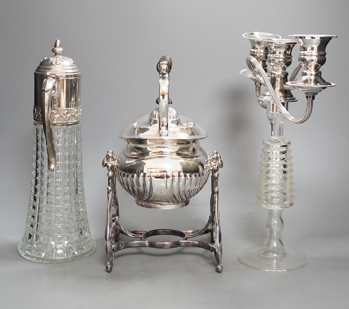 Plated tea kettle, claret jug and a candelabrum - tallest 31cm